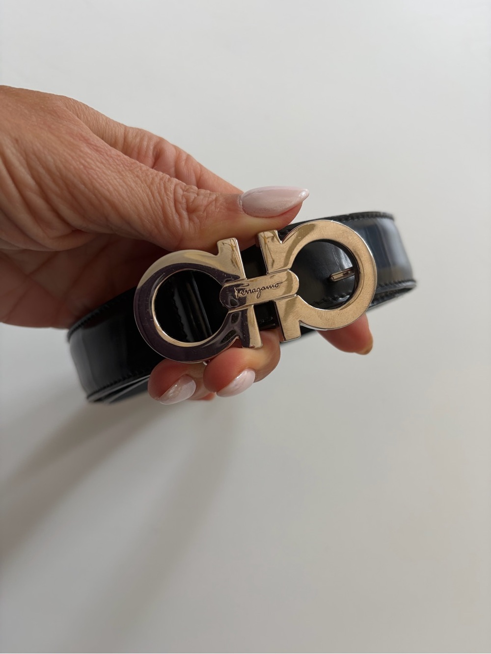 Salvatore Ferragamo Black Patent Leather Belt with Silver Gancini Buckle